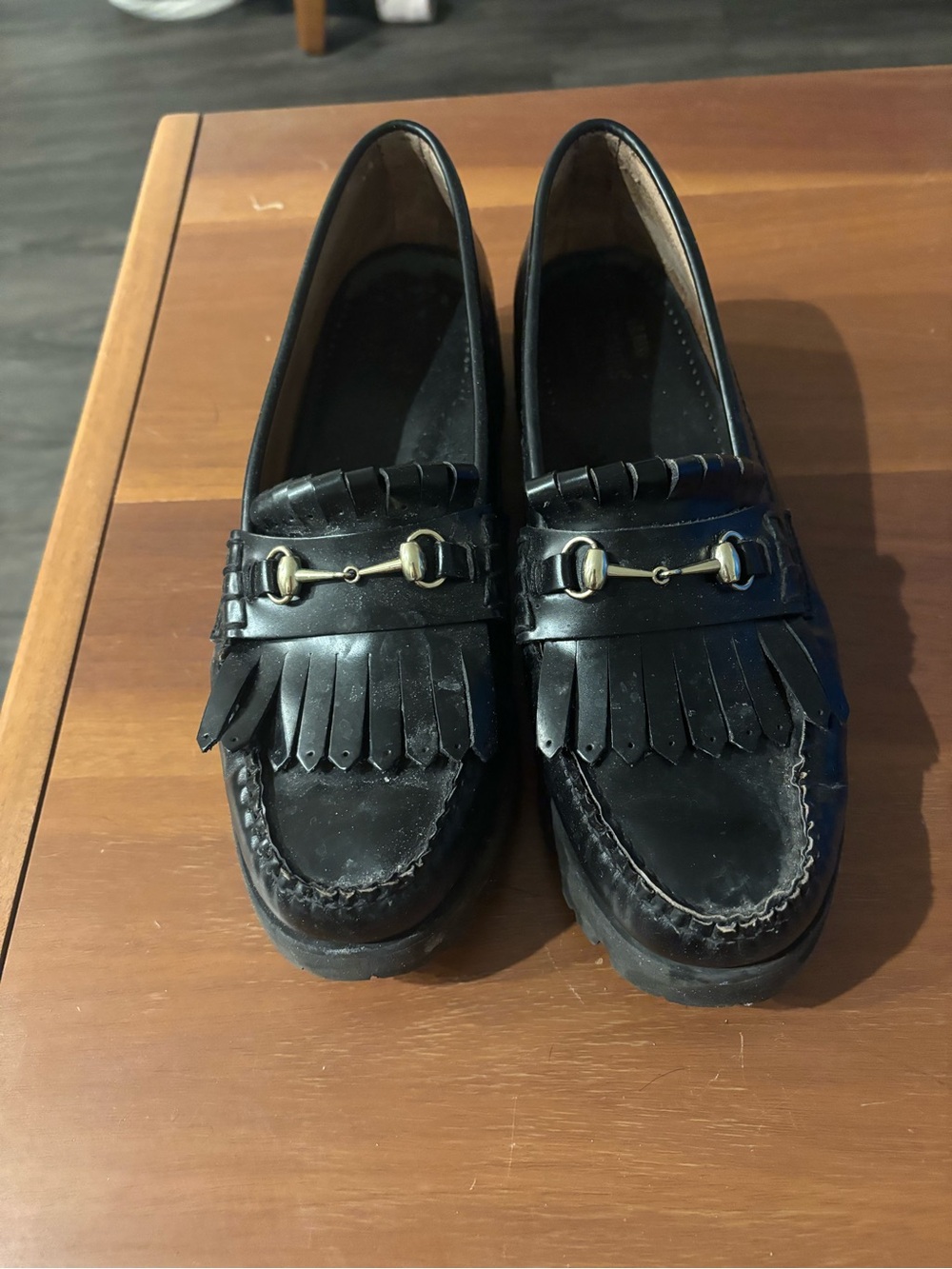 G.H. Bass & Co. Black Leather Fringe Bit Loafers